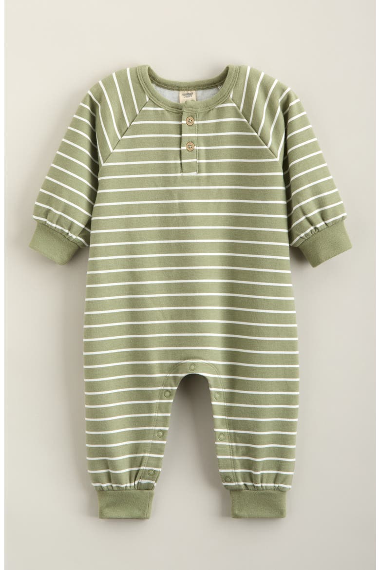 Raglan Sleeve Cotton Blend Romper, Main, color, OLIVE- IVORY CHARLIE STRIPE