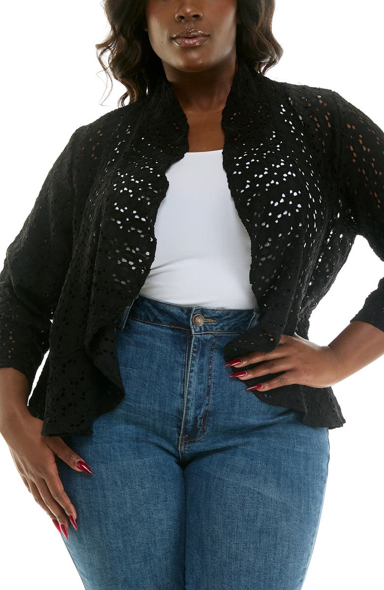 Nina Leonard Lace Three-Quarter Sleeve Bolero, Main, color, Black