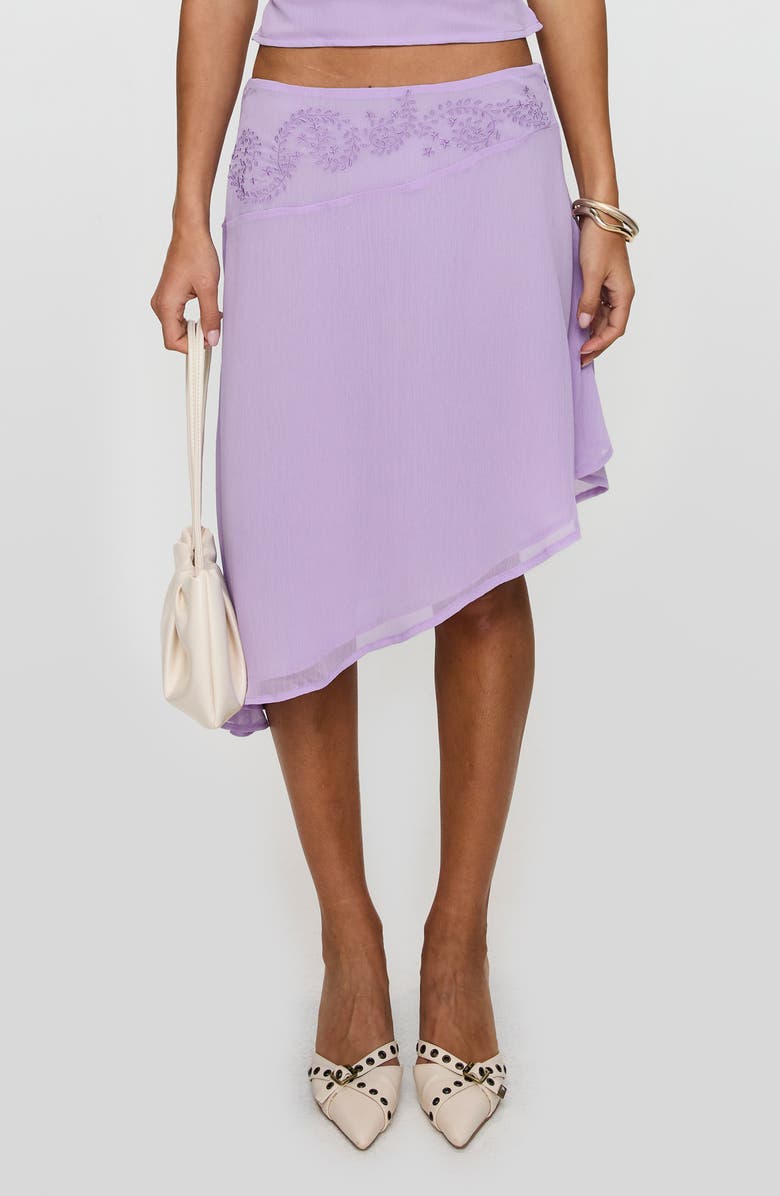 Princess Polly Pappilion Embroidered Asymmetric Chiffon Skirt, Main, color, Lilac