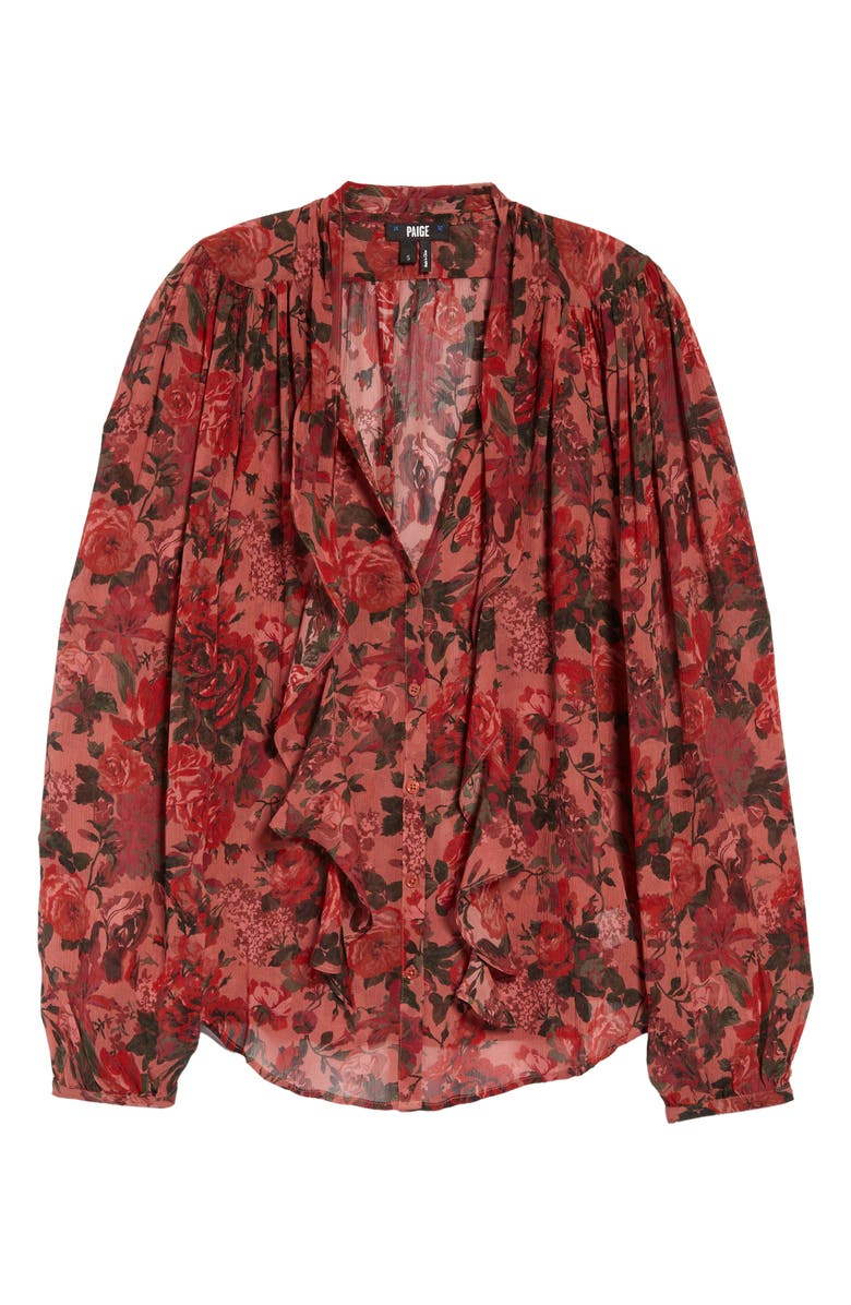 PAIGE Elynne Ruffle Floral Silk Button-Up Blouse, Alternate, color, Burgundy Dust Multi