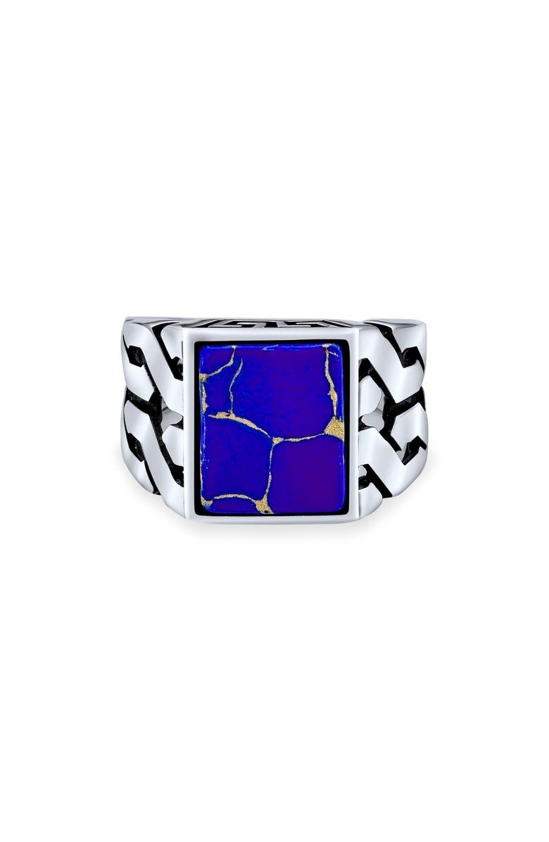 BLING JEWELRY Men's Sterling Silver Semiprecious Stone Signet Ring, Alternate, color, Dark Blue