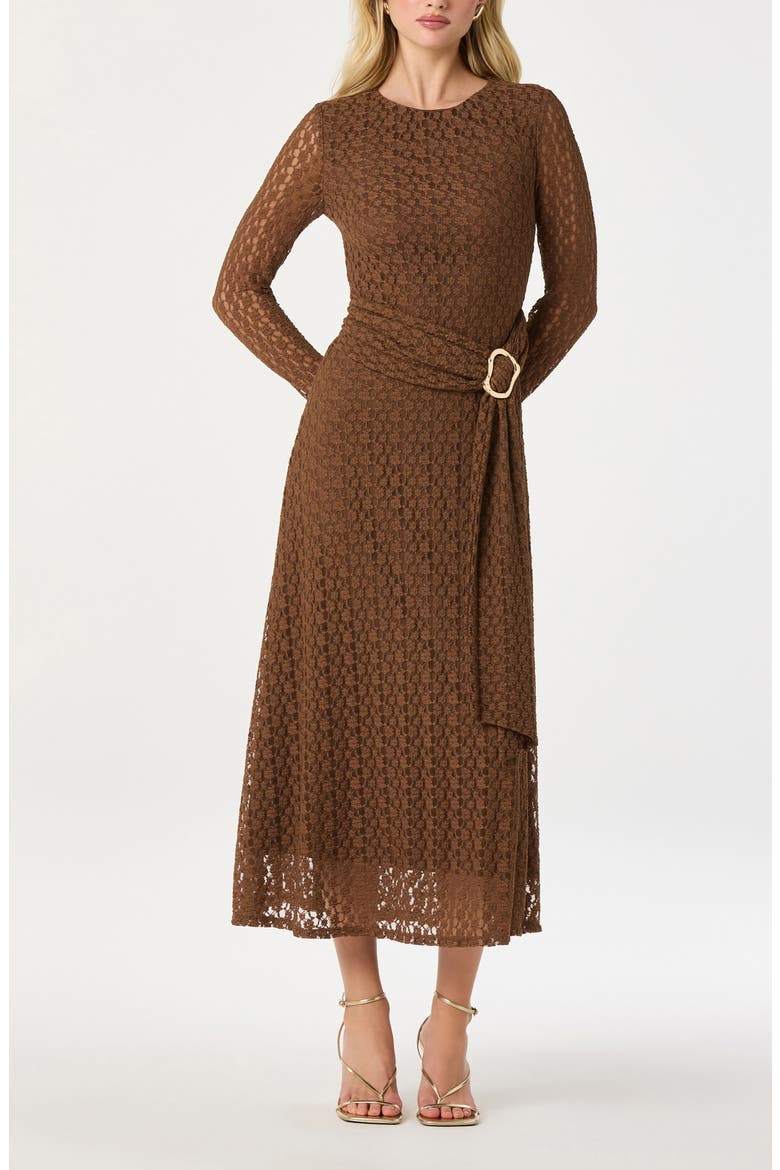 Long Sleeve Lace Midi Dress, Alternate, color, BROWN