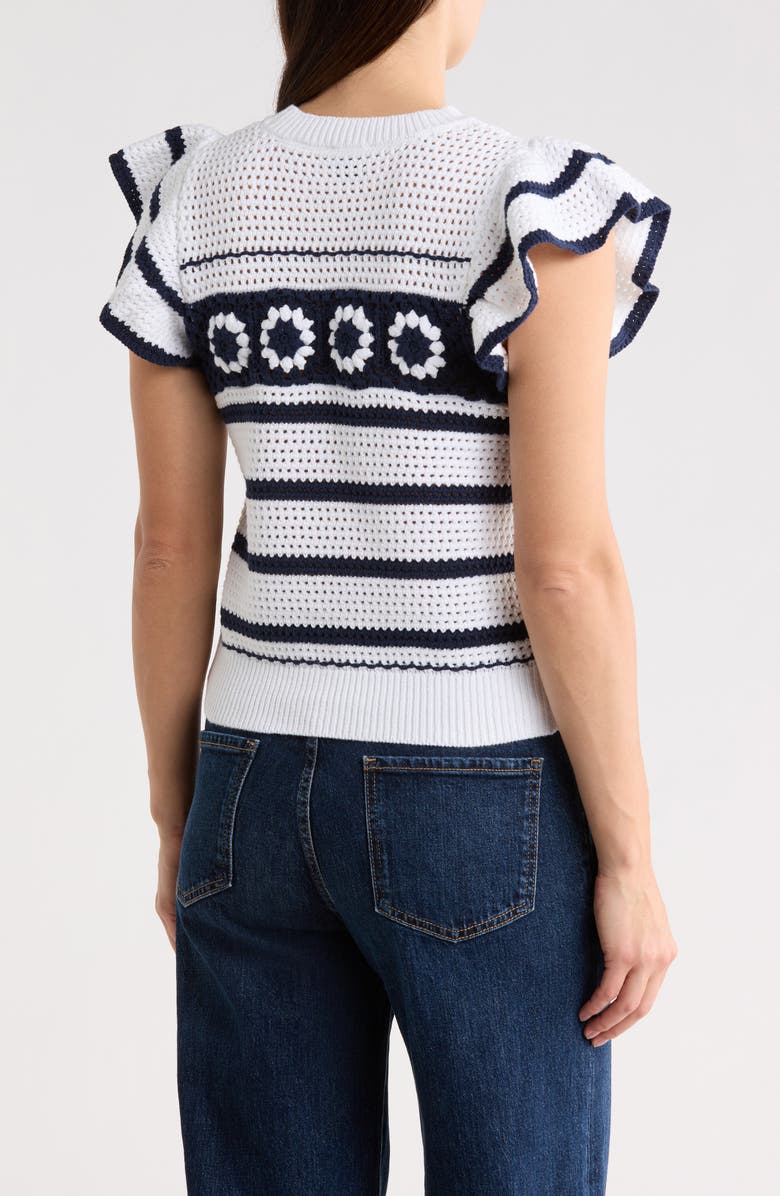 ELIE ELIE TAHARI Ruffle Open Knit Sweater, Alternate, color, Ivory/ Navy