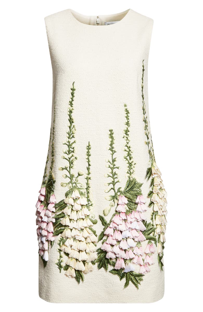 Oscar de la Renta Floral Embroidered Tweed Dress, Alternate, color, Ivory