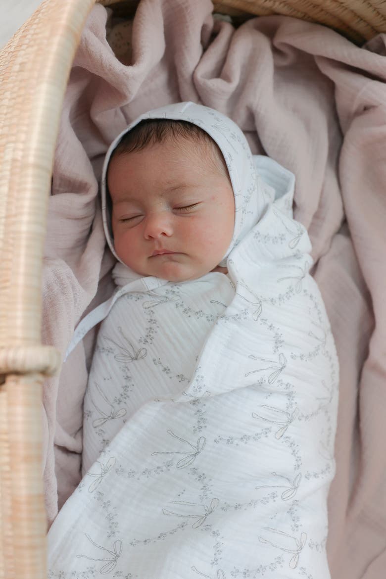 Bow Print Cotton Knit Swaddle, Alternate, color, White