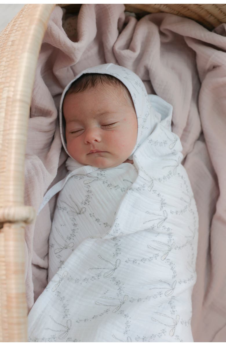 Bebe Bella Bow Print Cotton Knit Swaddle, Alternate, color, White