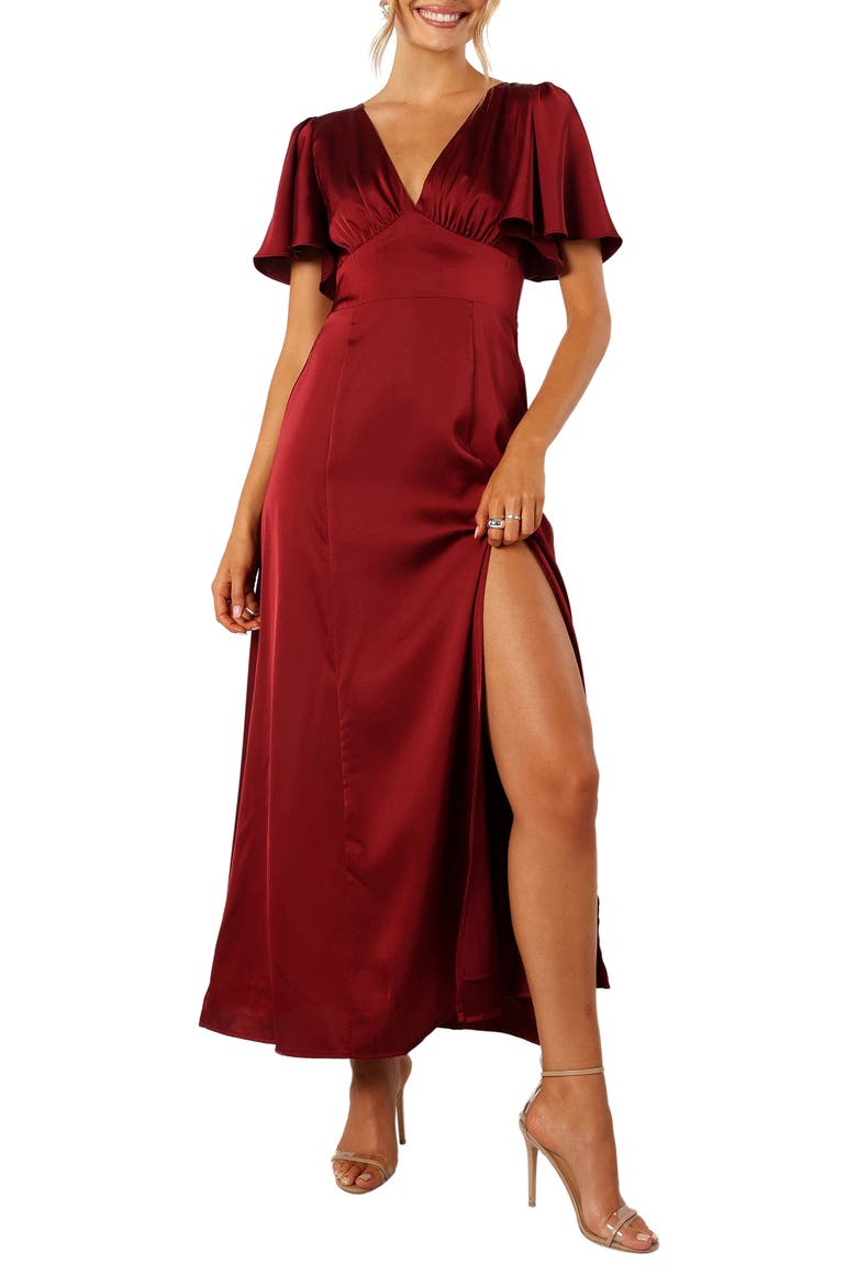 Casper Flutter Sleeve Satin Dress, Main, color, WINE