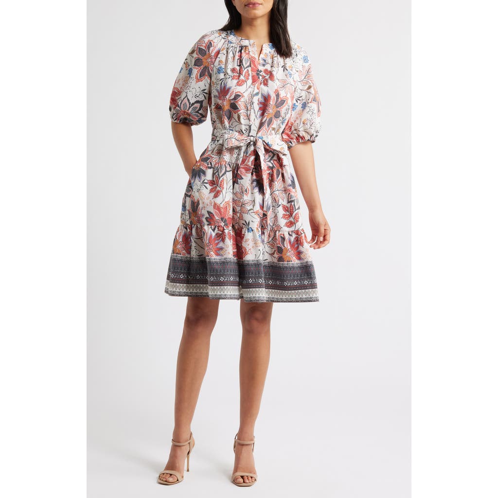 Julia Jordan Tiered Tie Waist Puff Sleeve Dress In Multi