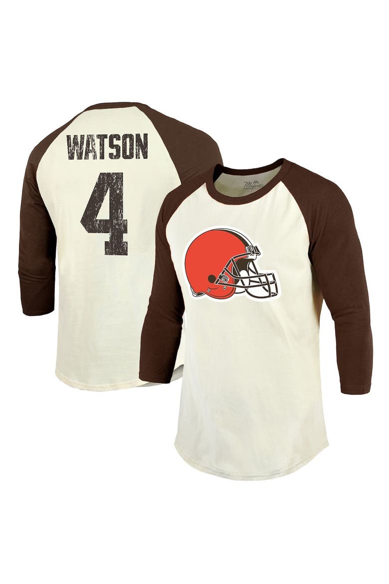 Men's Majestic Threads Deshaun Watson Cream/Brown Cleveland Browns Name & Number Raglan 3/4 Sleeve T-Shirt, Main, color, Cream