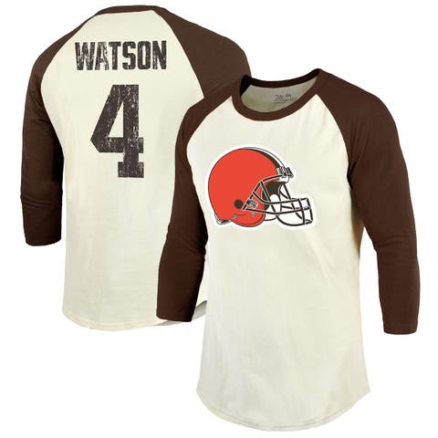 Men's Majestic Threads Deshaun Watson Cream/Brown Cleveland Browns Name & Number Raglan 3/4 Sleeve T-Shirt