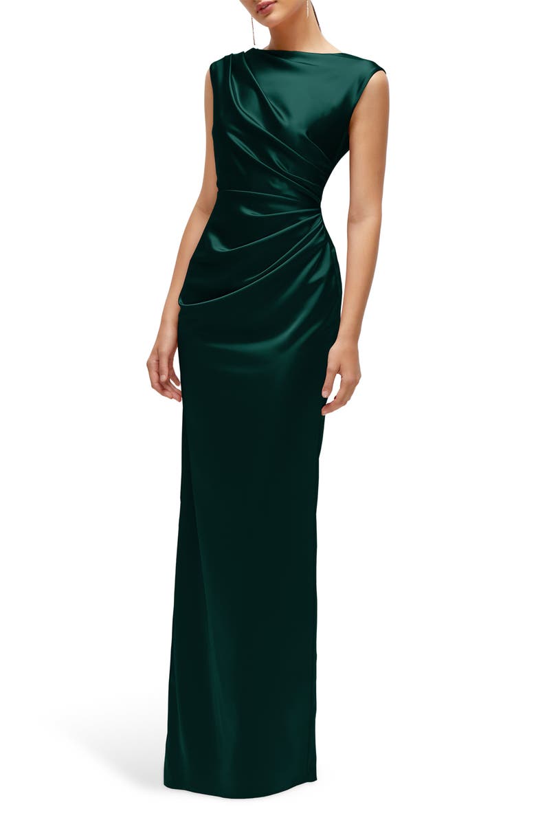 After Six Pleated Cap Sleeve Charmeuse Gown, Alternate, color, Evergreen