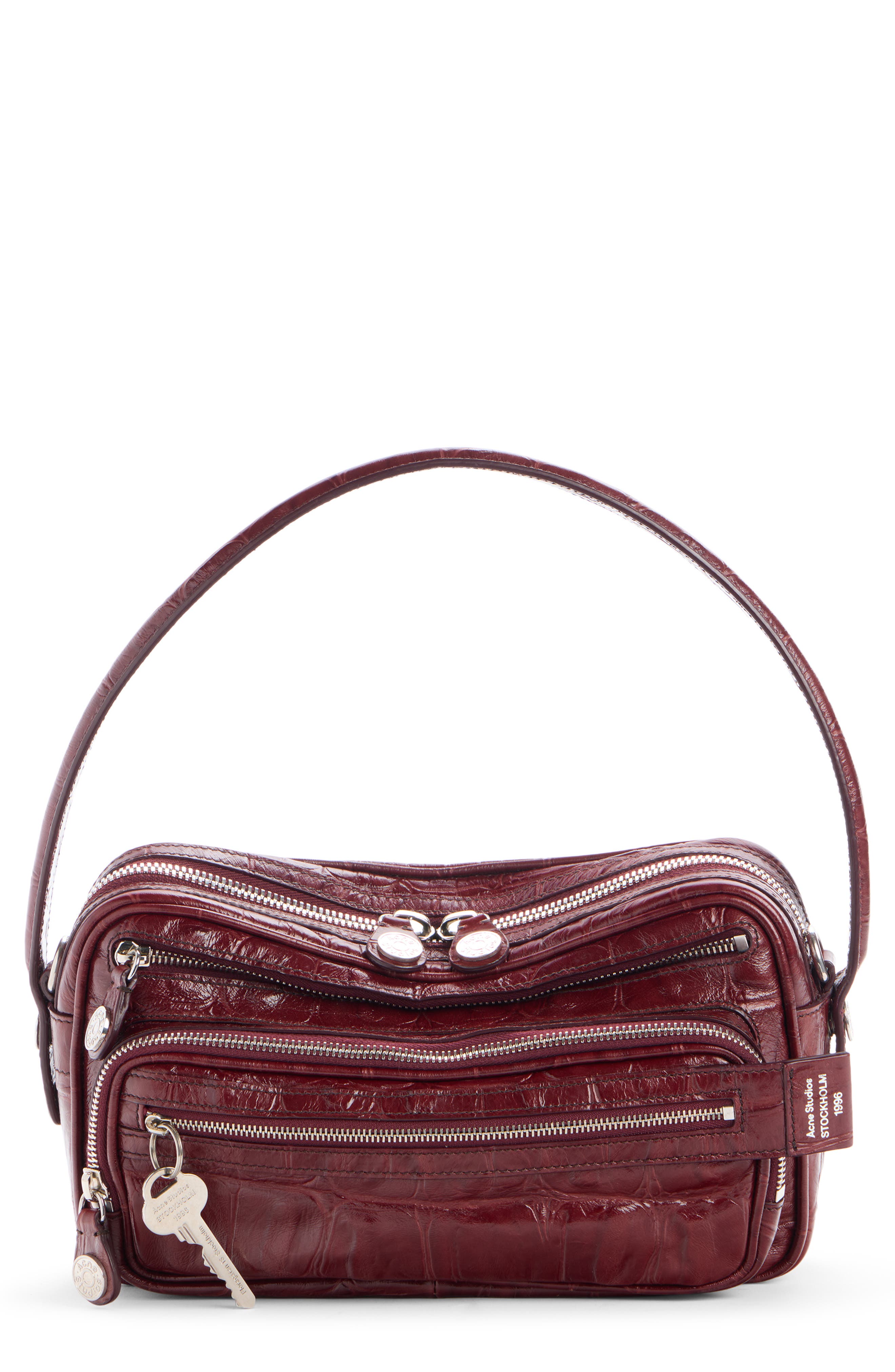 Acne Studios Camero Party Croc Embossed Leather Shoulder Bag, Main, color, Burgundy
