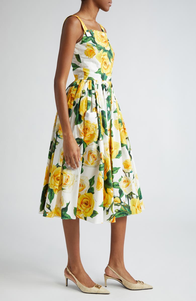 Dolce&Gabbana Rose Print Pleated Cotton Midi Dress, Alternate, color, Ha3qdrose Gialle F.b.nat
