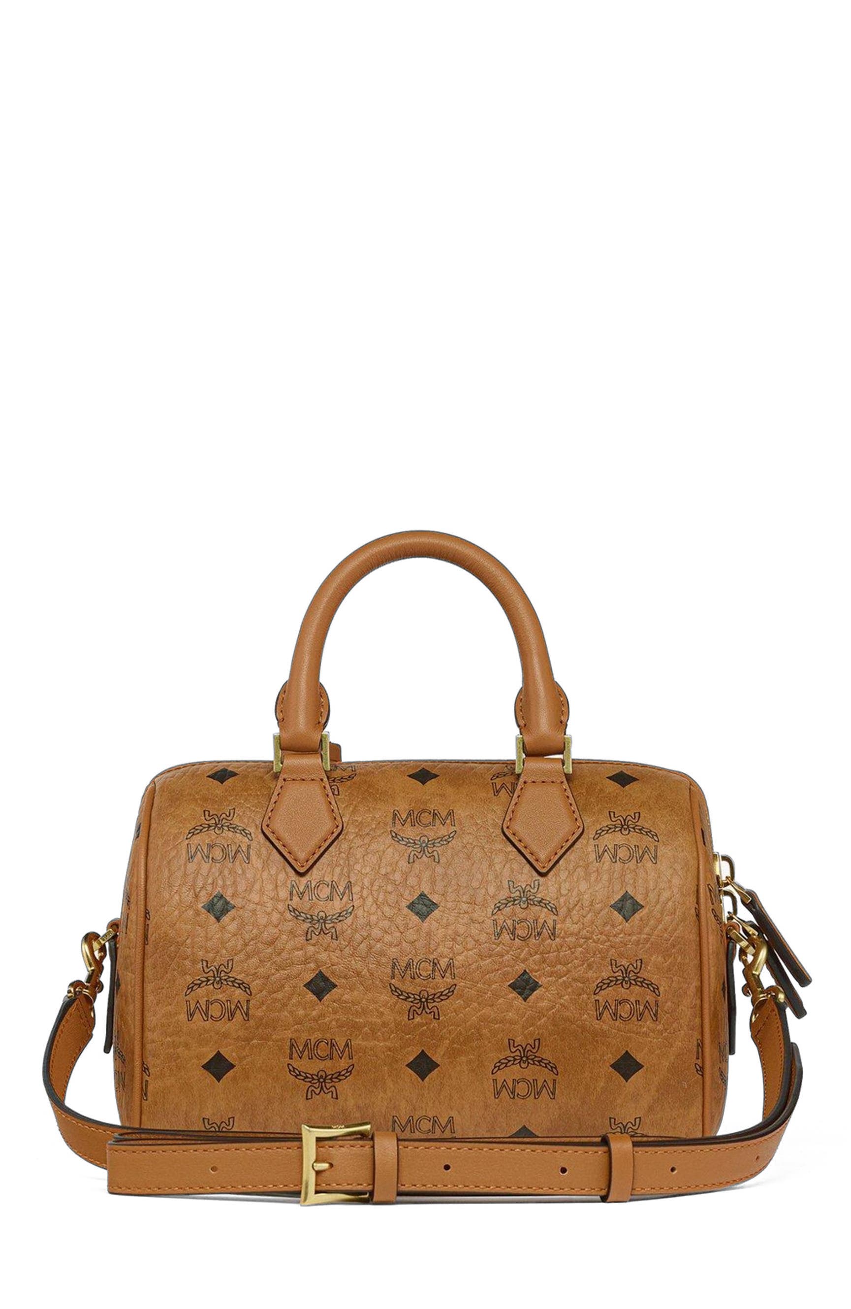 MCM Small Ella Boston Bag in Rabot Visetos, Alternate, color, Cognac