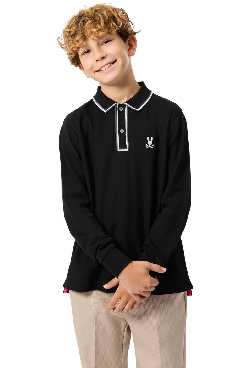 Kids' Kent Tipped Long Sleeve Cotton Polo, Alternate, color, BLACK