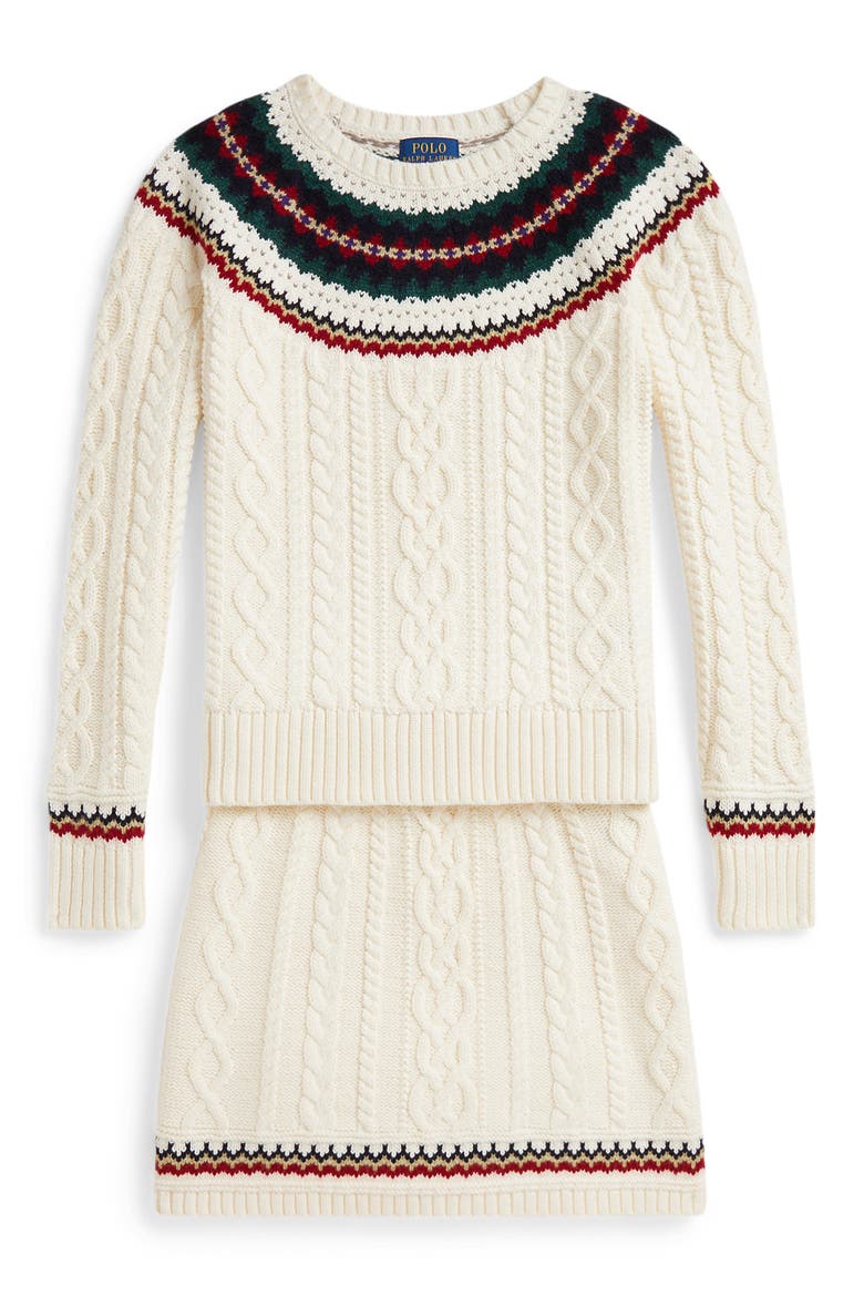 Kids' Fair Isle Cotton Sweater & Skirt Set, Main, color, WHITE MULTI