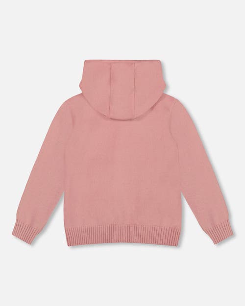 Deux Par Deux Hooded Knit Cardigan With Unicorn Intarsia In Pink