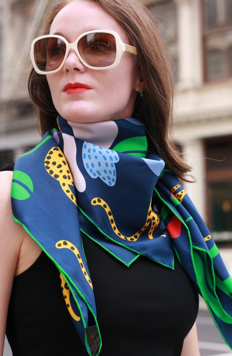 Jessie Zhao New York Double Sided Silk Scarf Of Jungle Night, Alternate, color, Blue