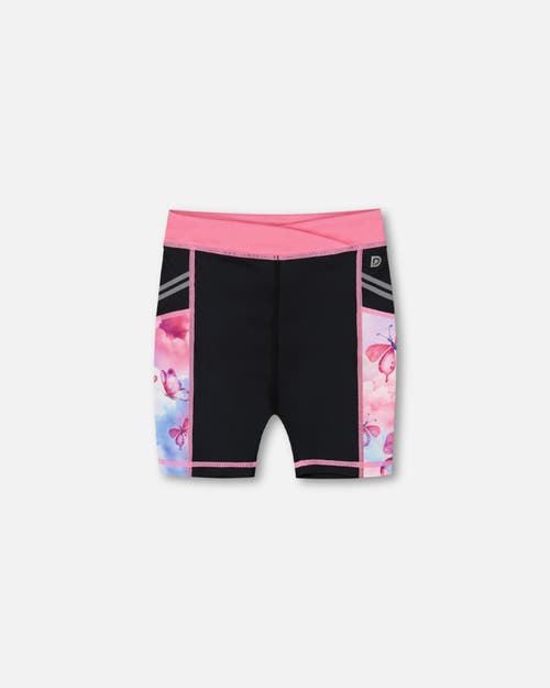 Deux Par Deux Little Girl's Printed Athletic Biker Short Black, Pink And Multicolored Butterflies In Black Pink And Multicolored