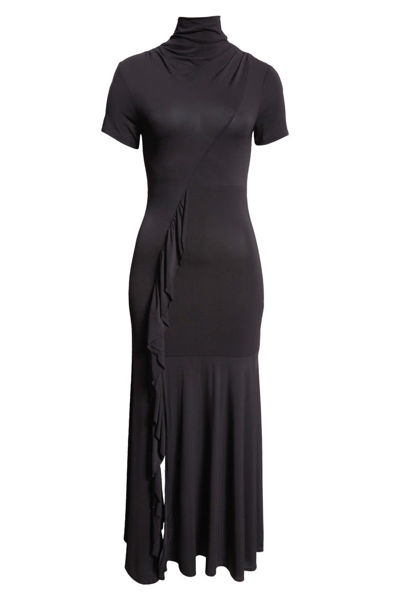 Wauto Funnel Neck Ruffle Detail Jersey Midi Dress, Alternate, color, BLACK
