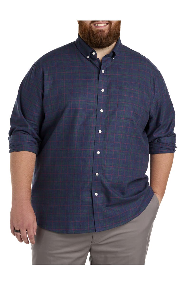 Oak Hill by DXL Big & Tall Heathered Plaid Sport Shirt, Main, color, Navy
