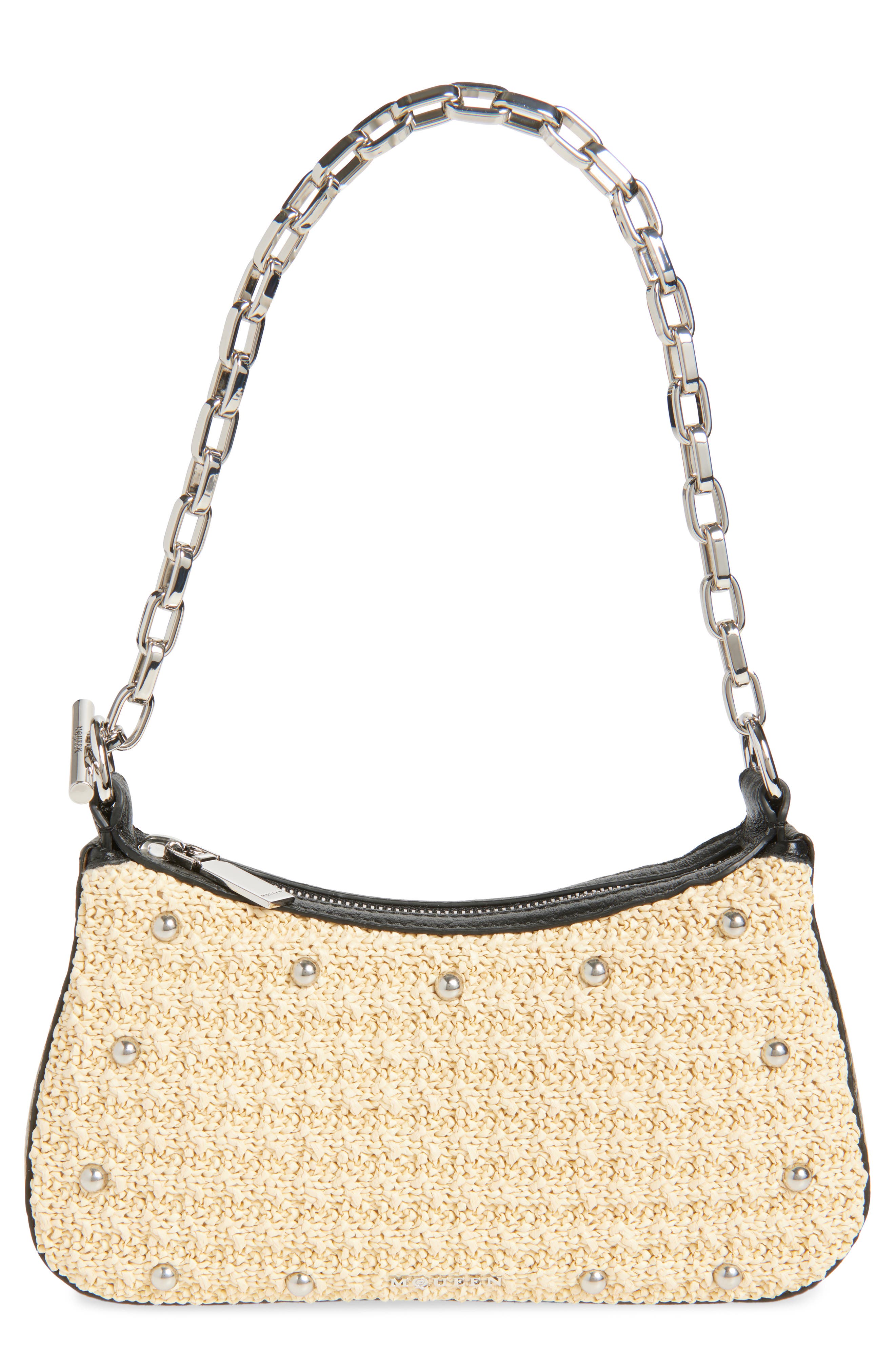 McQueen Mini T-Bar Studded Faux Raffia Pouch, Main, color, Natural/ Black/ Silver