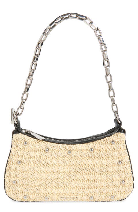 Mini T-Bar Studded Faux Raffia Pouch