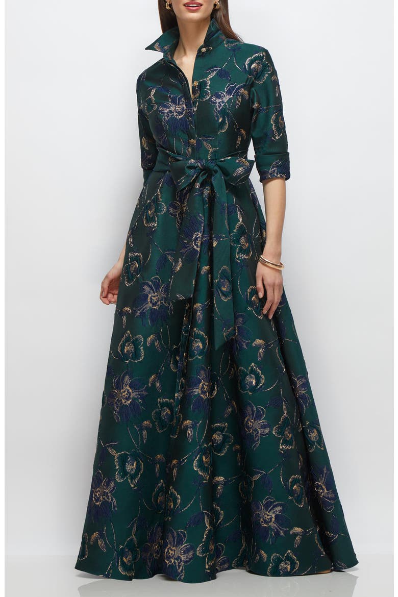 Metallic Floral Jacquard Shirtdress Gown, Main, color, EVERGREEN FLORAL