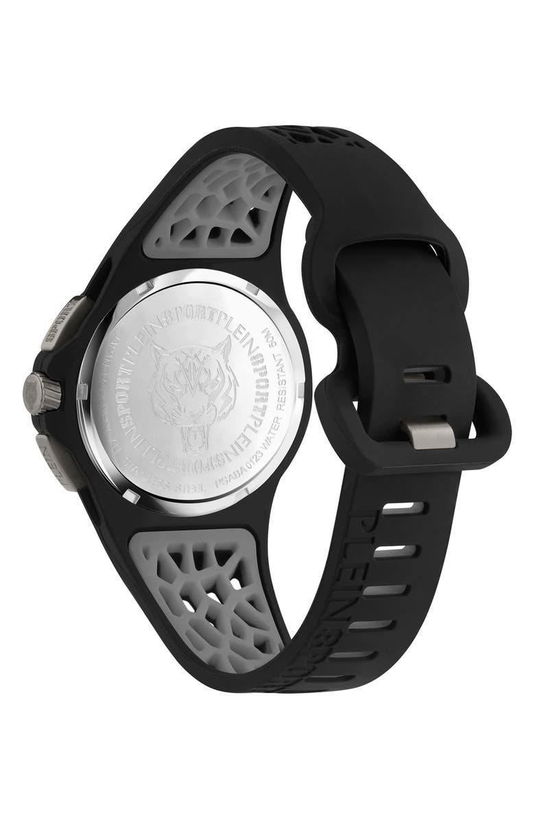 PLEIN SPORT Camo Dial Three-Hand Quartz Silicone Strap Watch, 43mm, Alternate, color, Gun