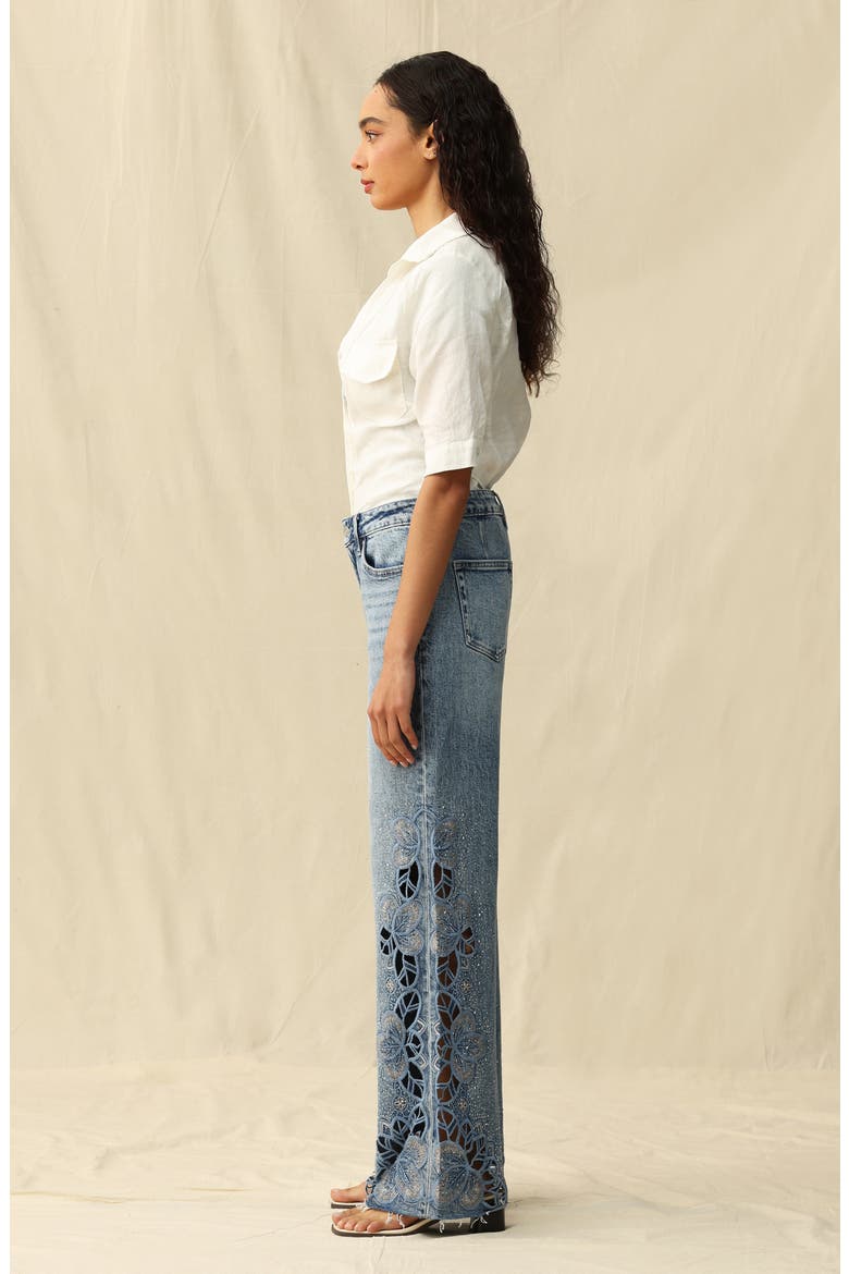 Floral Embroidered Raw Hem Wide Leg Jeans, Alternate, color, LIGHT BLUE