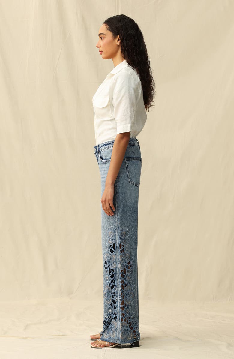 Bayeas Floral Embroidered Raw Hem Wide Leg Jeans, Alternate, color, Light Blue