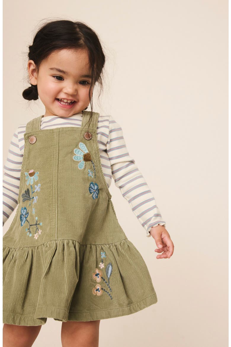 Kids' Embroidered Corduroy Dress & Stripe T-Shirt Set, Alternate, color, GREEN