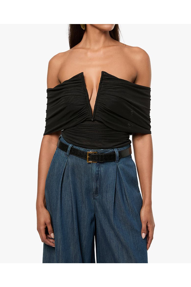 Ruched Off Shoulder Bodysuit, Main, color, BLACK