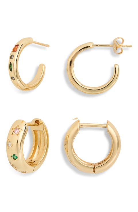 Set of 2 Multicolor Cubic Zirconia Huggie Hoop Earrings