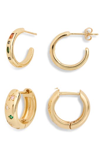 Nordstrom Rack Set Of 2 Multicolor Cubic Zirconia Huggie Hoop Earrings In Gold- Multi