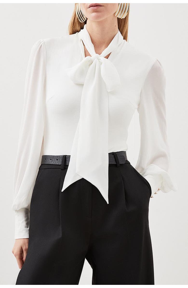 Karen Millen Tie Neck Long Sleeve Bodysuit, Alternate, color, Ivory