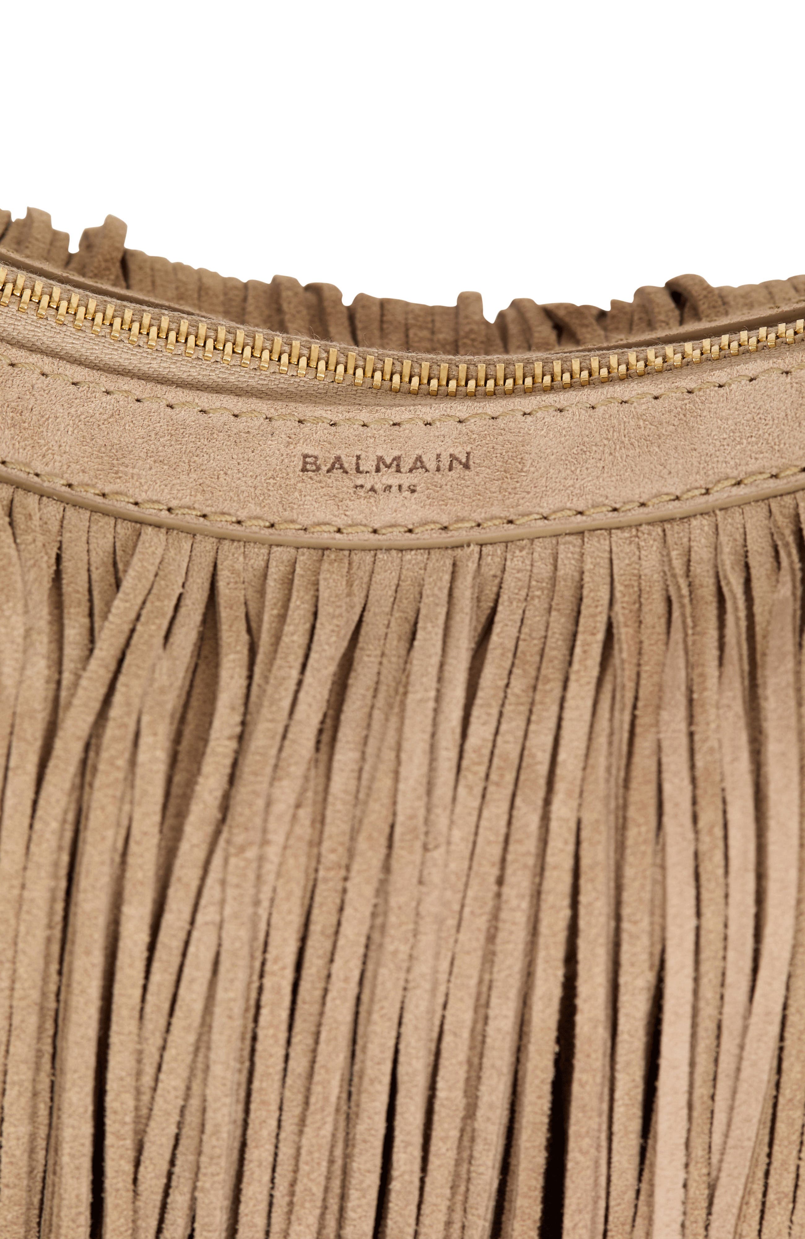 Balmain Ebene Hobo fringed suede bag, Alternate, color, Beige