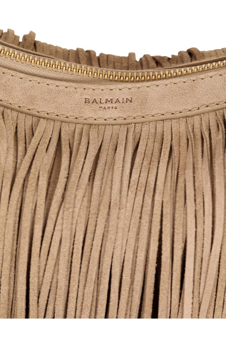 Balmain Ebene Hobo fringed suede bag, Alternate, color, Beige