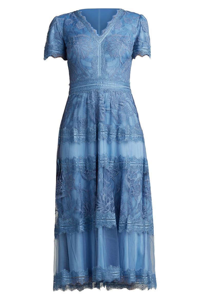 Lace & Mesh Midi Cocktail Dress, Alternate, color, BLUE STONE