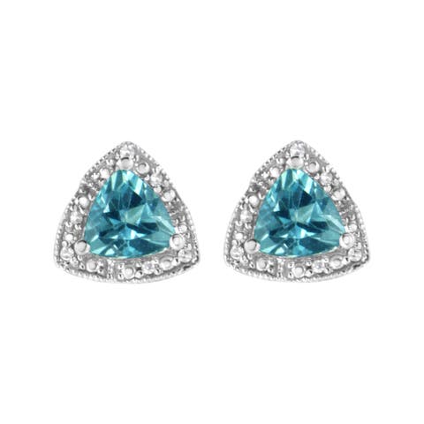 Silver 6x6 mm Trillion Blue Topaz Gemstone and Diamond Accent Stud Earring