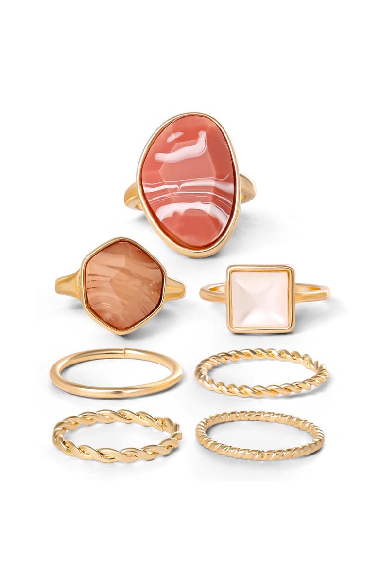 Jessica Simpson 7-Piece Stackable Ring Set with Coral Accents, Size 7, Main, color, Gold
