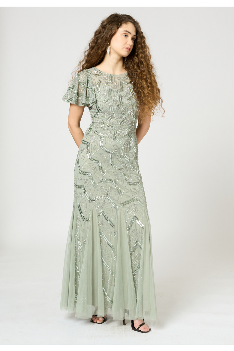 Embellished Sequin Beaded Maxi Dress With Short Sleeve, Alternate, color, SAGE GREEN