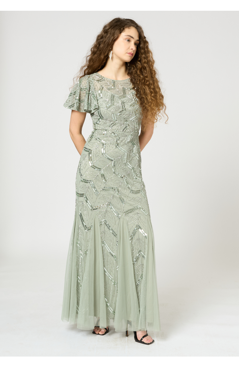 BEAUUT Embellished Sequin Beaded Maxi Dress With Short Sleeve, Alternate, color, Sage Green