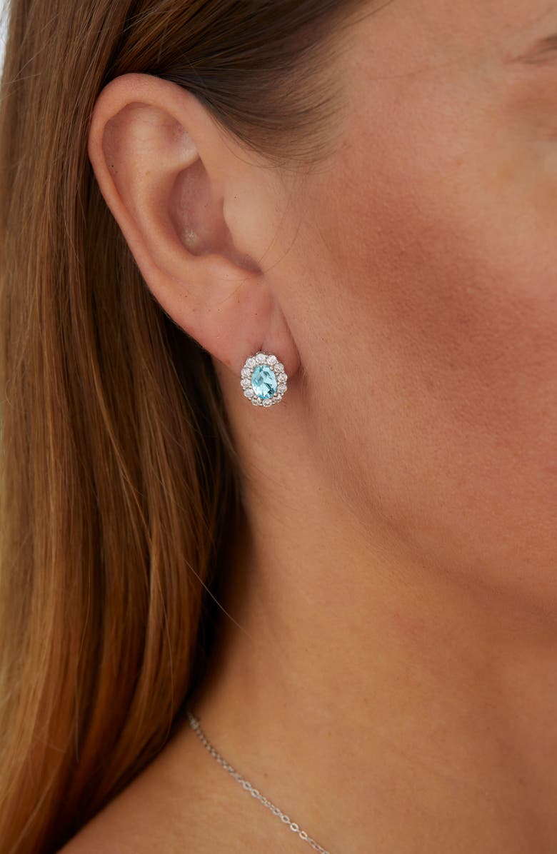 SAVVY CIE JEWELS Green Oval Simulated Emerald Halo Stud Earrings, Alternate, color, Blue