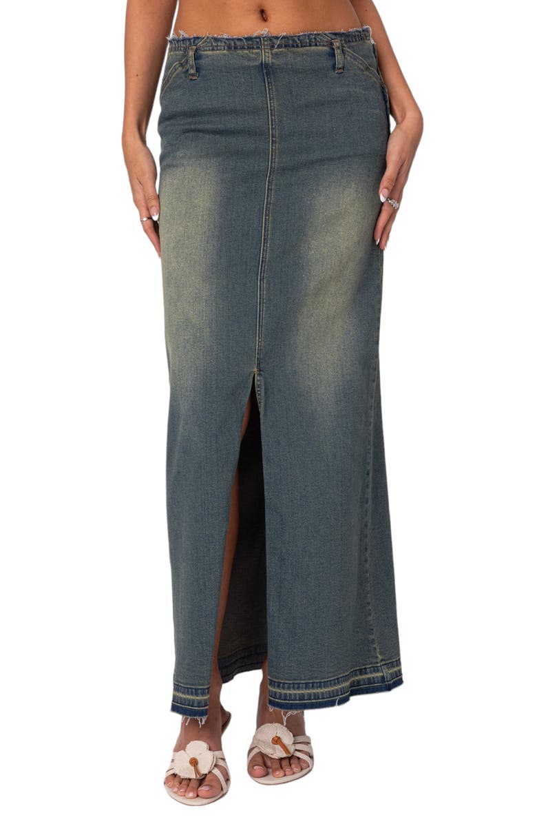 EDIKTED Lexy Release Hem Stretch Cotton Denim Maxi Skirt, Main, color, 