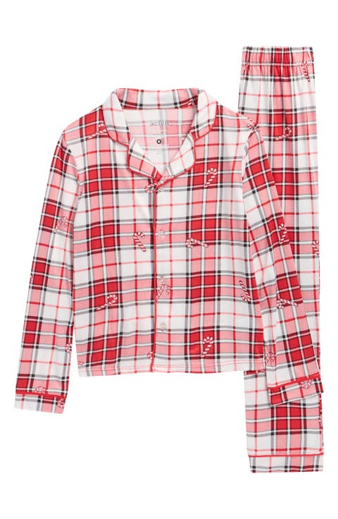 Kids' Candy Cane Plaid Fitted Two-Piece Pajamas