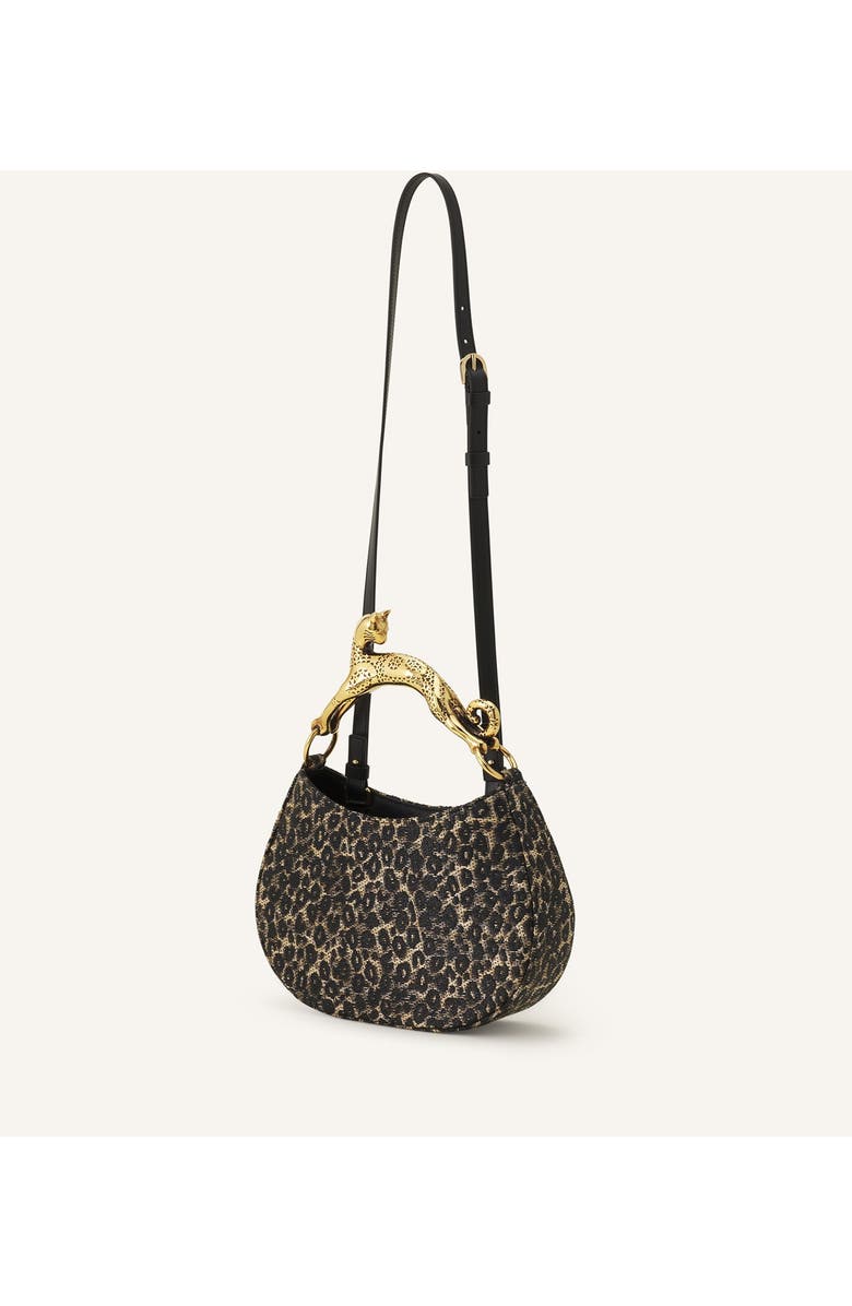 Lanvin Hobo Cat Small Raffia Bag With A Leopard Print And Cat Handle, Alternate, color, Beige/Black