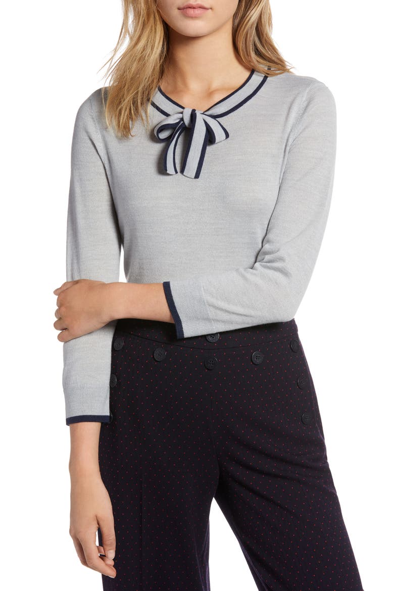 Tipped Tie Neck Wool Blend Sweater, Main, color, GREY HEATHER- NAVY