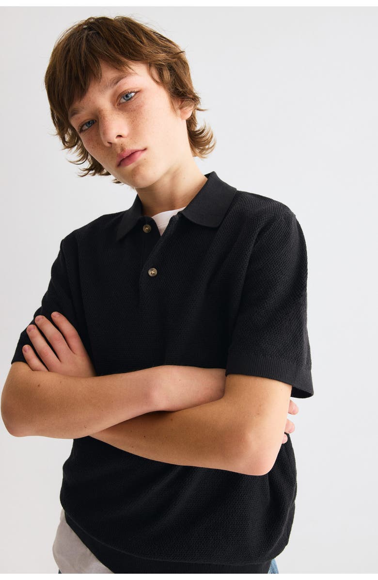 H&M Waffle-knit Polo Shirt, Alternate, color, Black