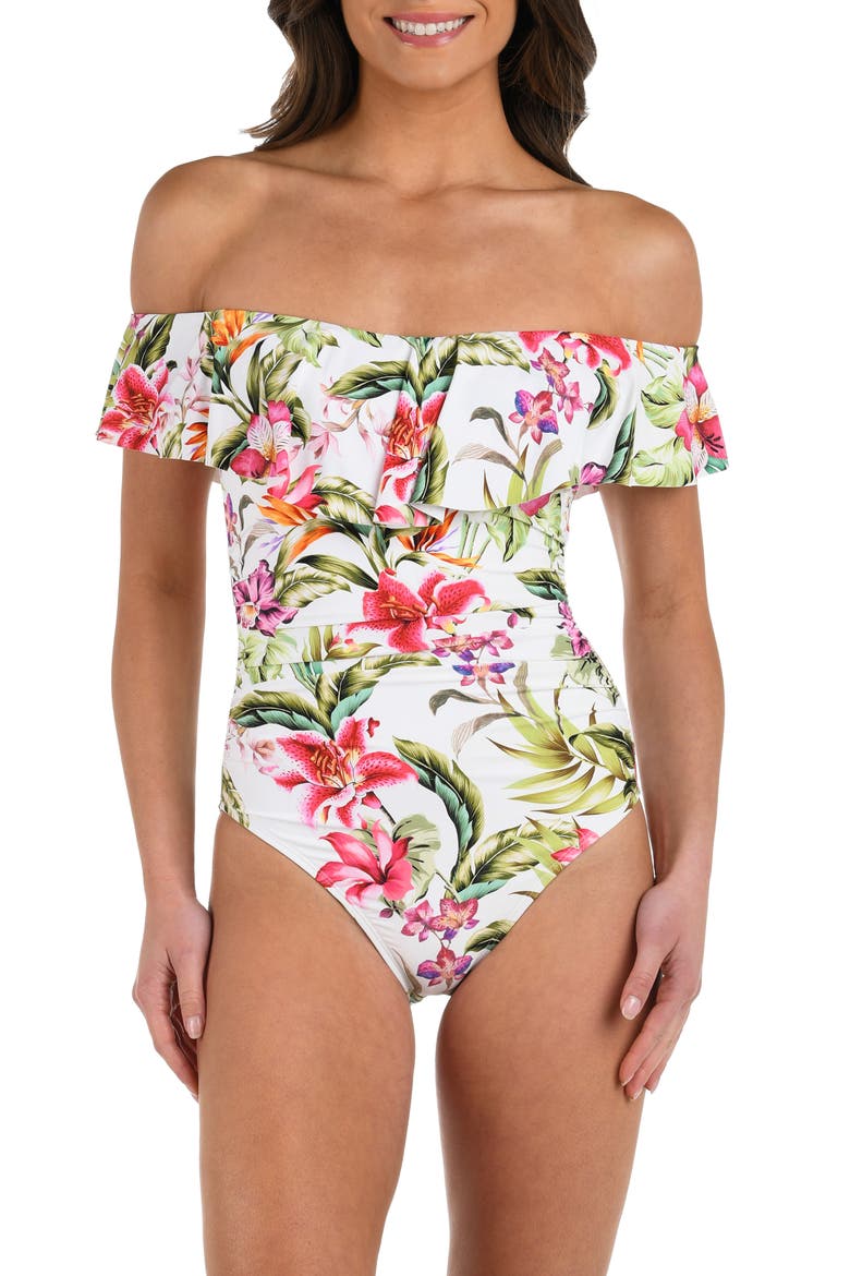 Polynesian Ruffle Off the Shoulder One-Piece Swimsuit, Main, color, MULTI